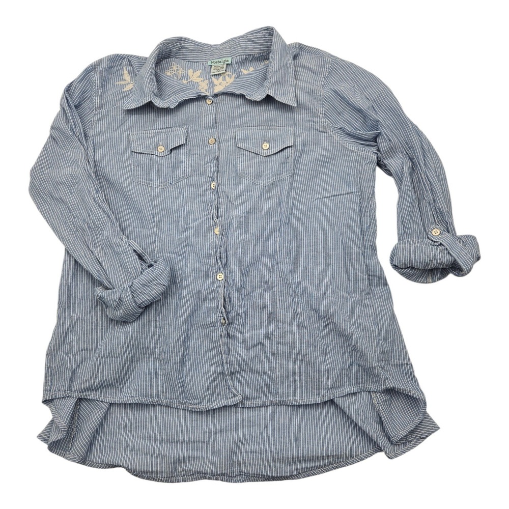 Nostalgia Womens Blue White Striped Embroidered Cotton Button Down Shirt Large‎